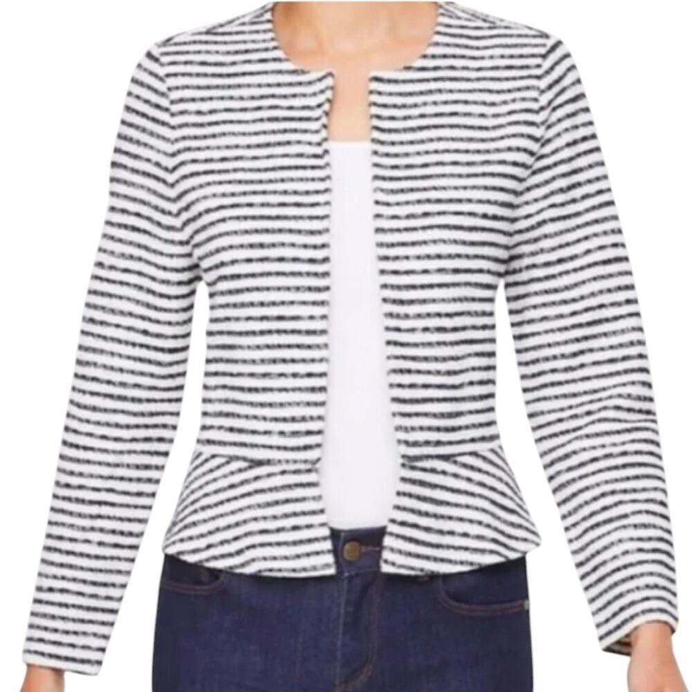 Loft Striped Peplum Open Front Jacket Navy White Textured Knit Collarless Blazer